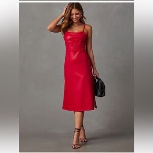 Dee Elly Red Faux Leather Midi Dress